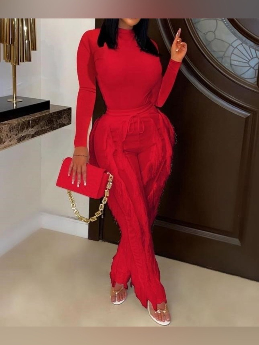 Two-Piece Coord Set with Fringe Pull-On Stretch Pants & Long Sleeve Bodysuit Top